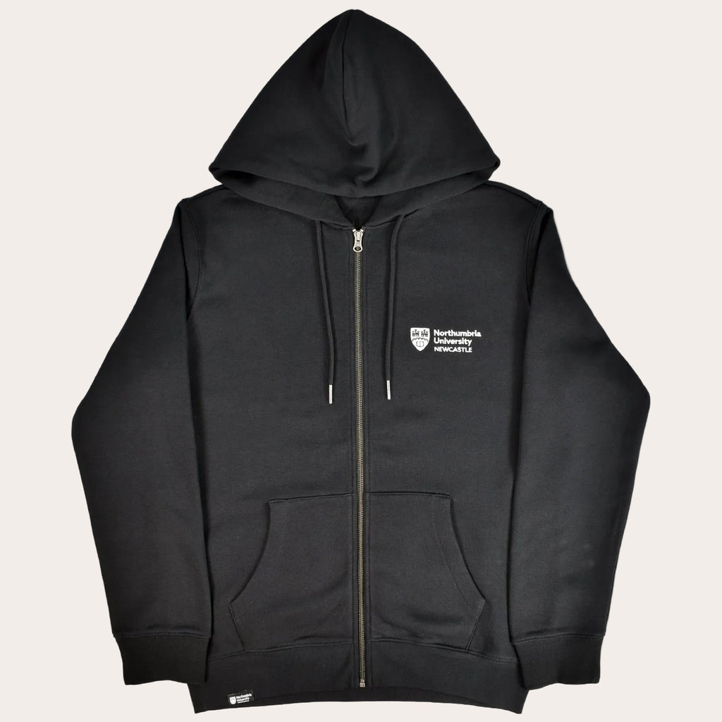 A black zip-up hoodie with a white embroidered logo of Northumbria University on the left chest, displayed against a solid white background.