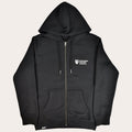 A black zip-up hoodie with a white embroidered logo of Northumbria University on the left chest, displayed against a solid white background.